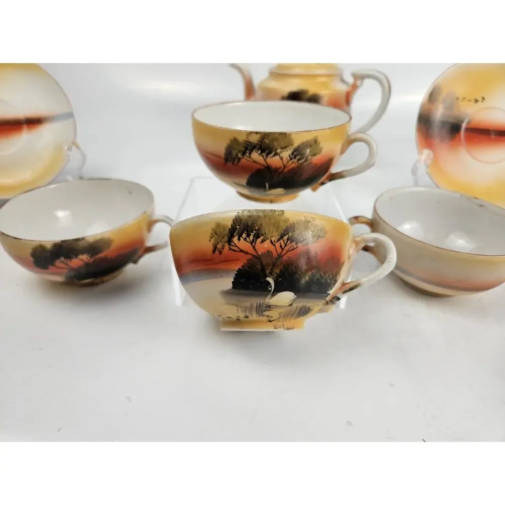 Japan Lustreware Handpainted Sunset Tea Set Porcelain 9‎ Pieces